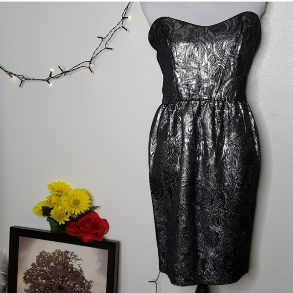 NEW French Connection Silver Metallic Paisley Brocade Dress Strapless Red Carpet - Picture 10 of 12